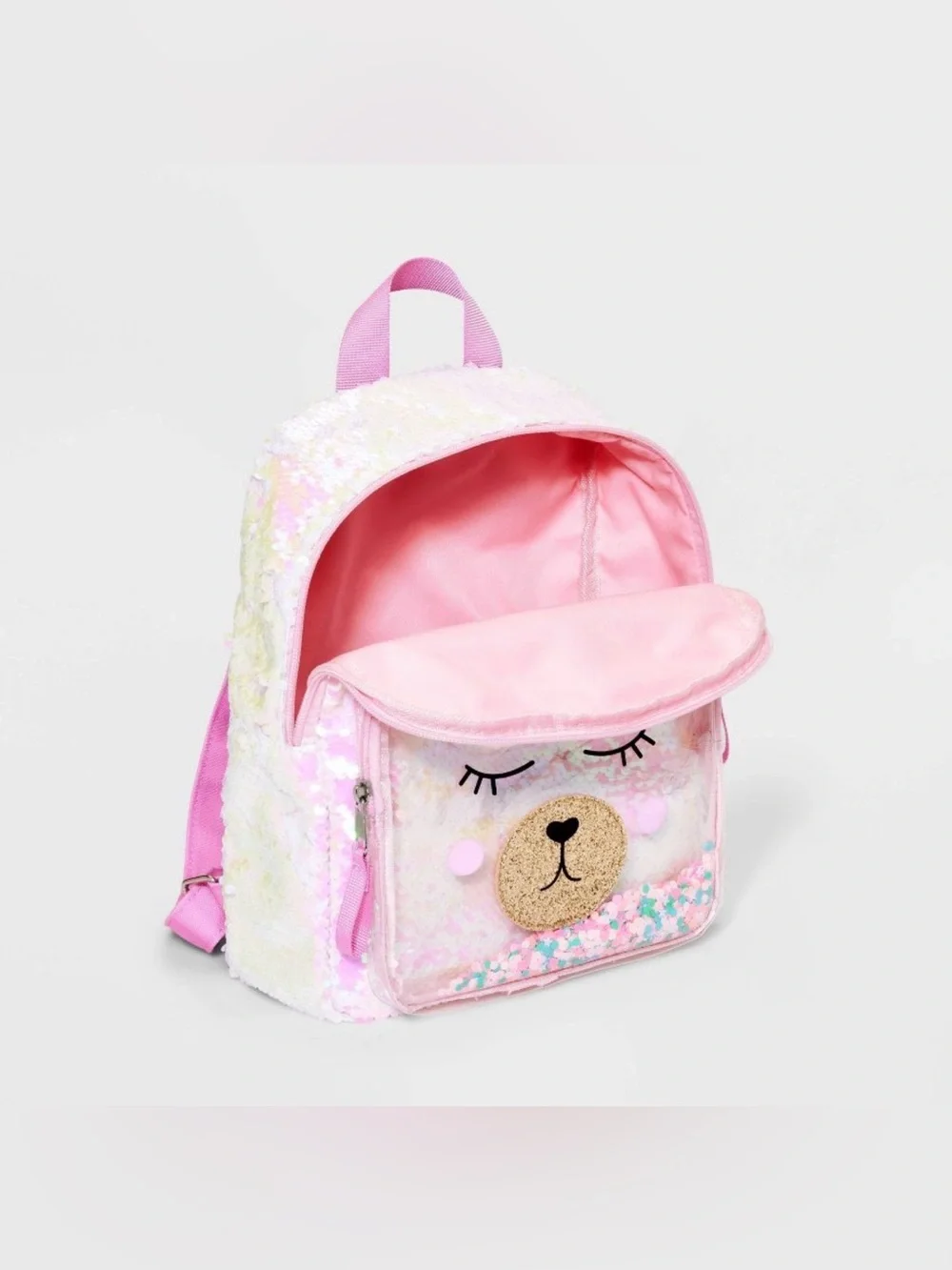 Cat & Jack Pink Sequin Plush Llama Kids Backpack with Pom-Poms
